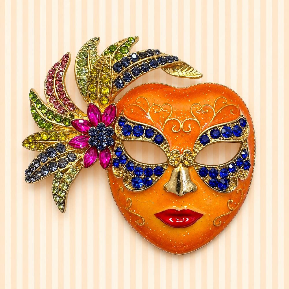 Mardi Gras Mask Brooch Rhinestone Enamel Gold Tone Masquerade Carnival Pin CP207